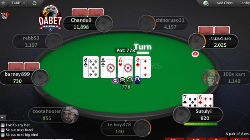 Vòng 3 của ván Poker Texas Hold’em Dabet thì sẽ tiến hành lật bài the Turn